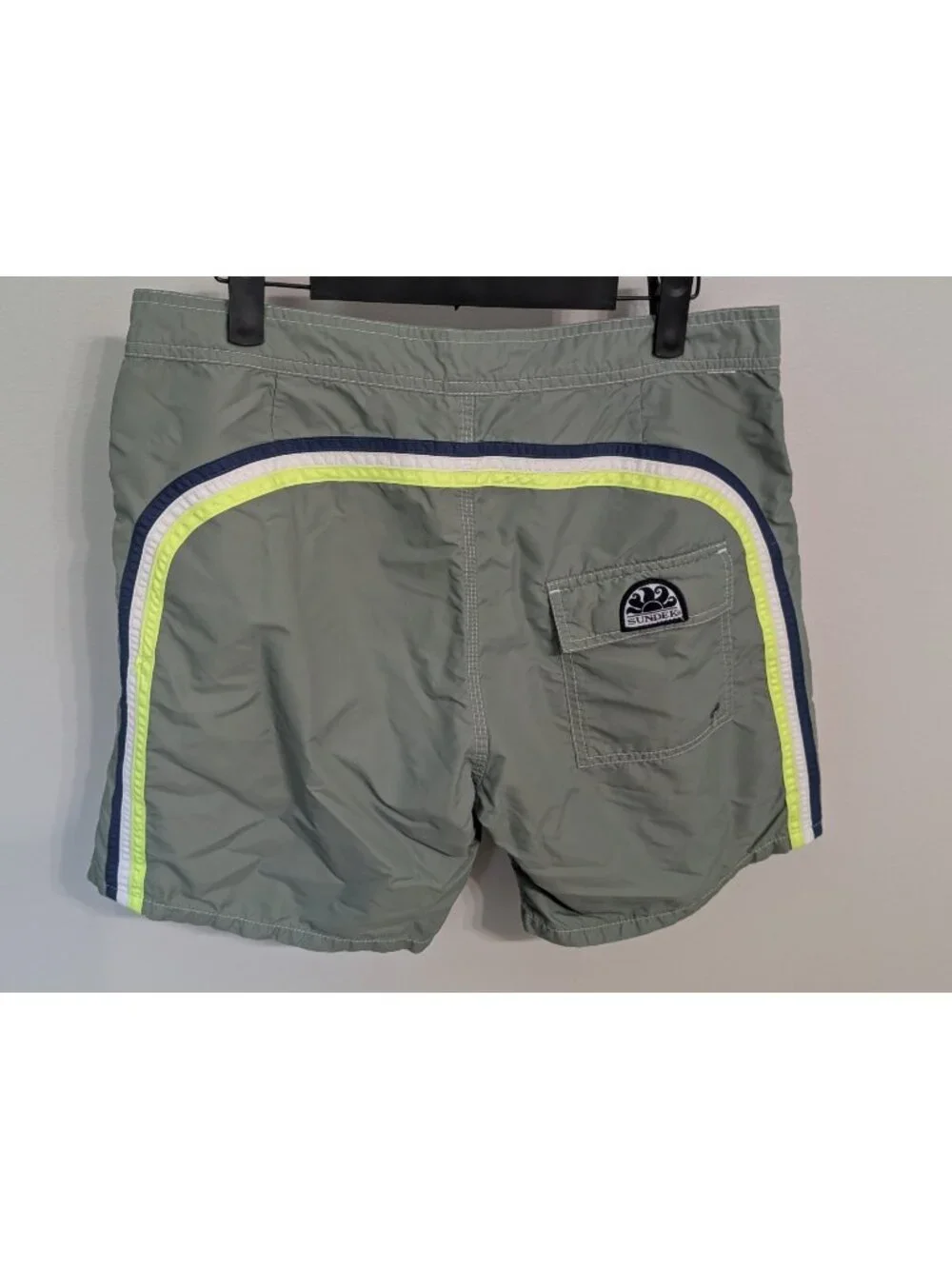 Vintage Sundek Board Shorts Mens 33 Green Rainbow Stripe Swim Trunks